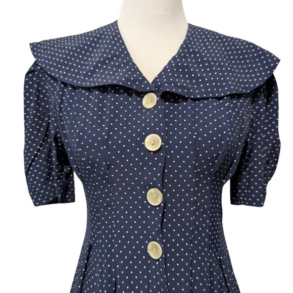 Vintage Katie Womens Sz 4 Blue Polka Dot Puff Sleeve Shawl Union Made Midi Dress - Picture 4 of 7